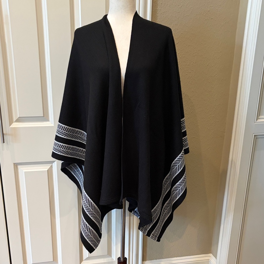 WHBM Black Shawl Cape with Chevron Stripe Detail One Size